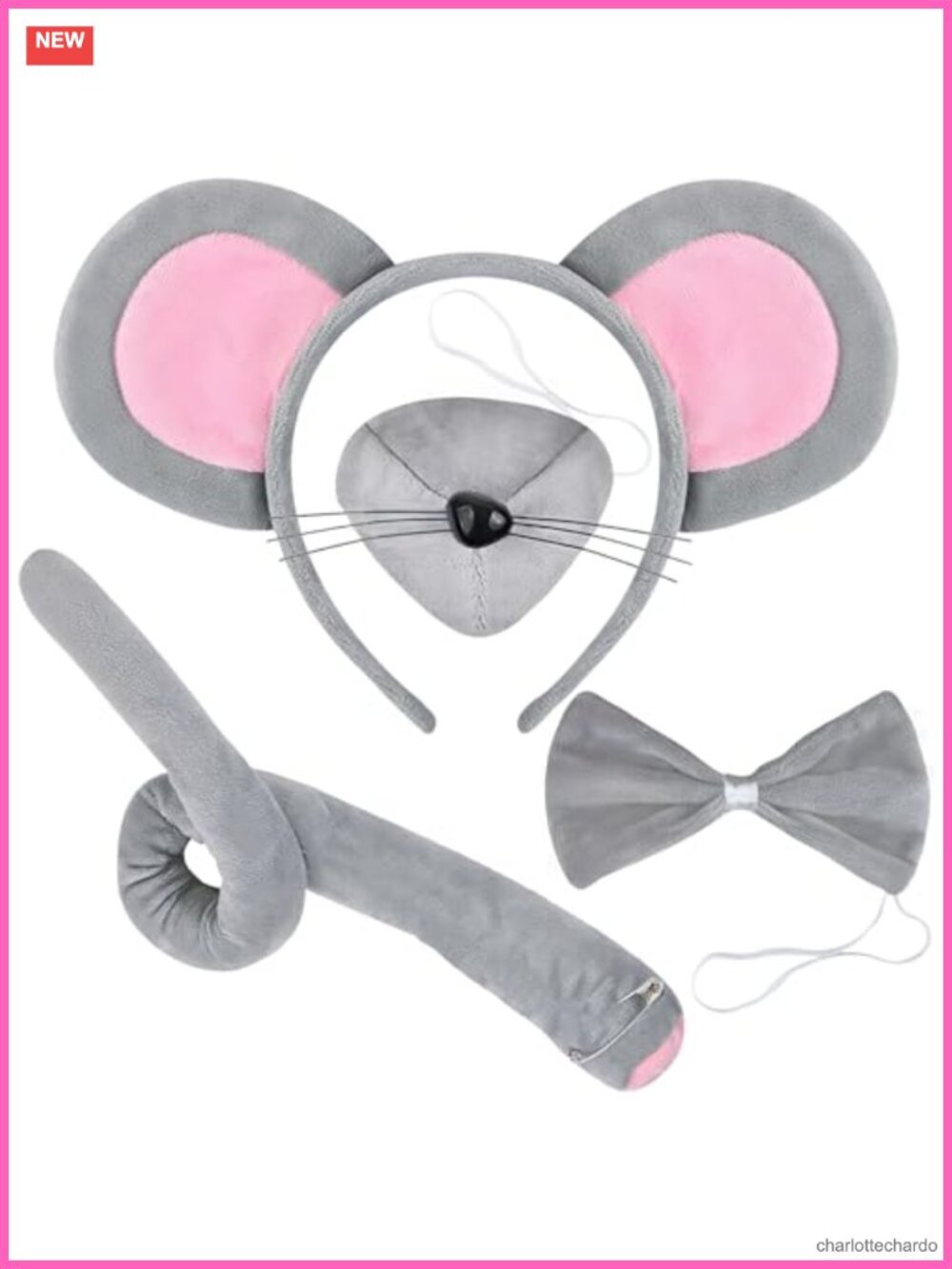 Mouse Rat Costume Accessory Set Velvet Ear Headband Tail Nose Bow Tie Halloween